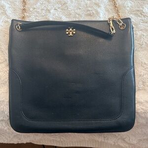 Tory Burch Black Leather Chain-Handle Shoulder Bag with Gold Hardware